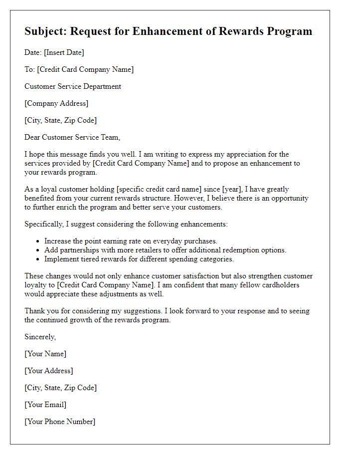 Letter template of appeal for rewards program enhancement on credit card.