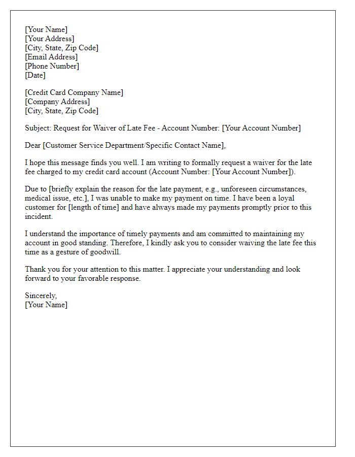 Letter template of negotiation for late fee waiver on credit card account.