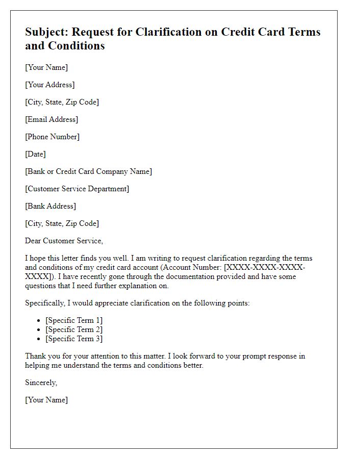 Letter template of request for clarification on credit card terms and conditions.