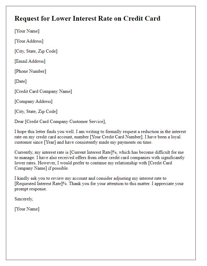 Letter template of request for lower interest rate on credit card.