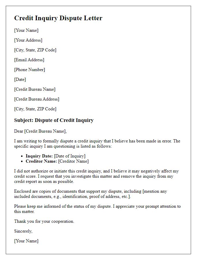 Letter template of credit inquiry dispute for business account inquiries