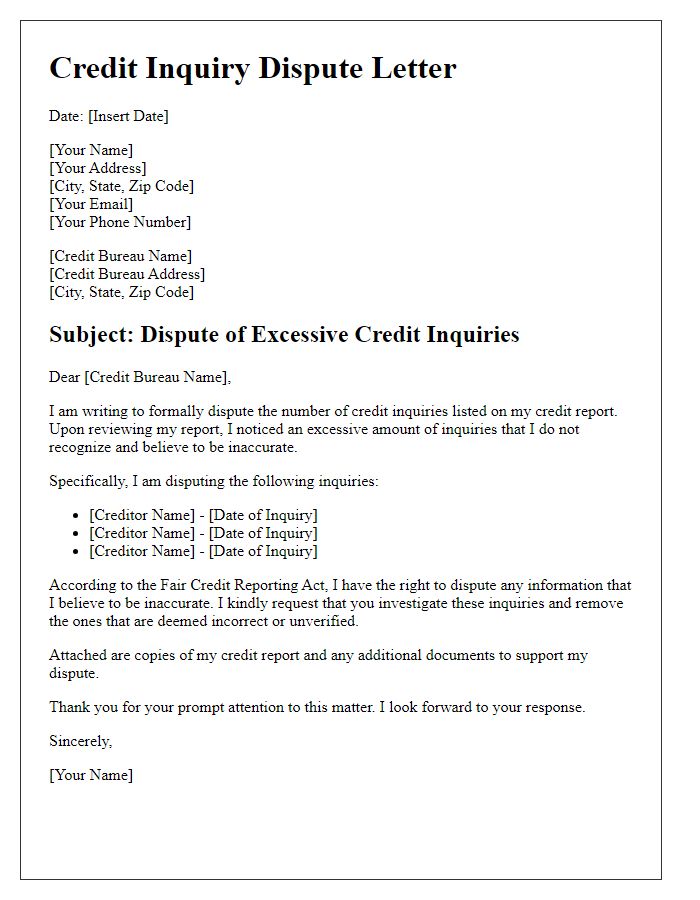 Letter template of credit inquiry dispute for excessive inquiries