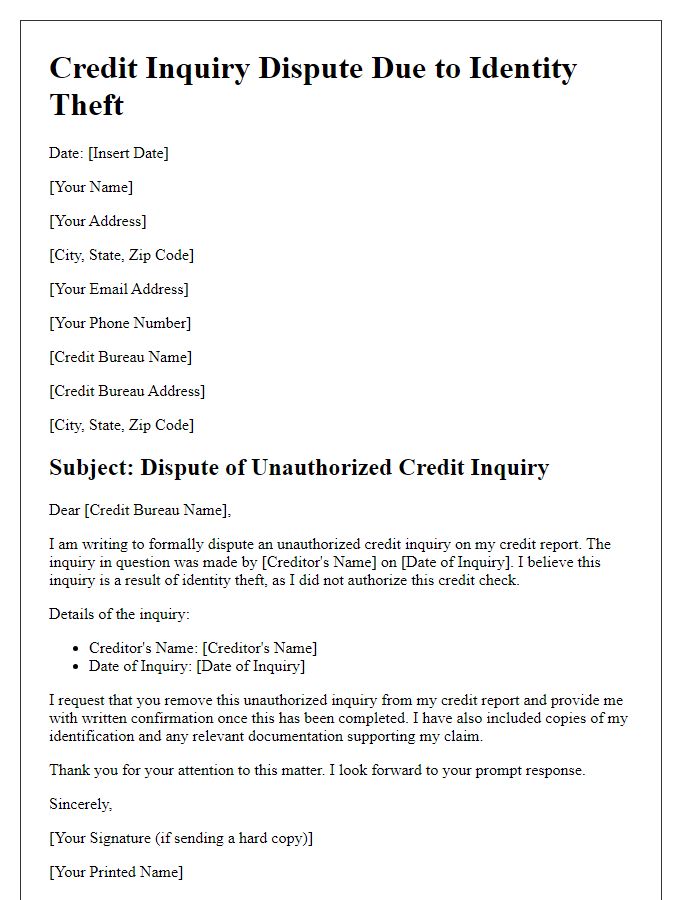 Letter template of credit inquiry dispute for identity theft