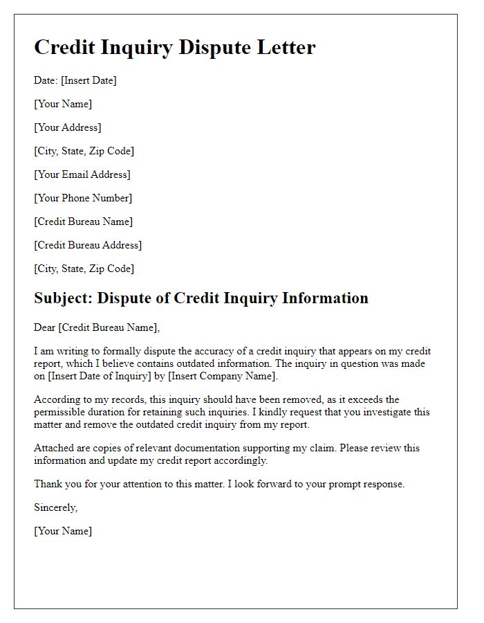 Letter template of credit inquiry dispute for outdated information