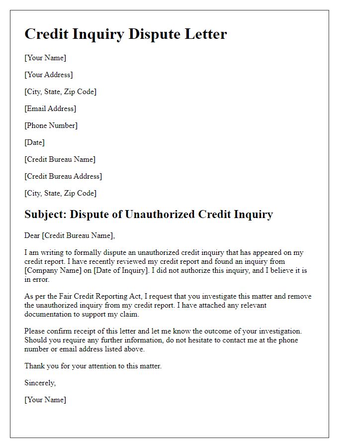 Letter template of credit inquiry dispute for unauthorized access