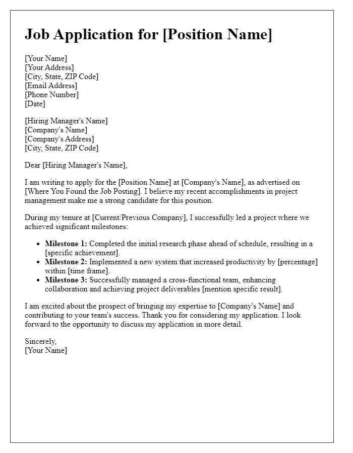 Letter template of job application detailing project milestones achieved.