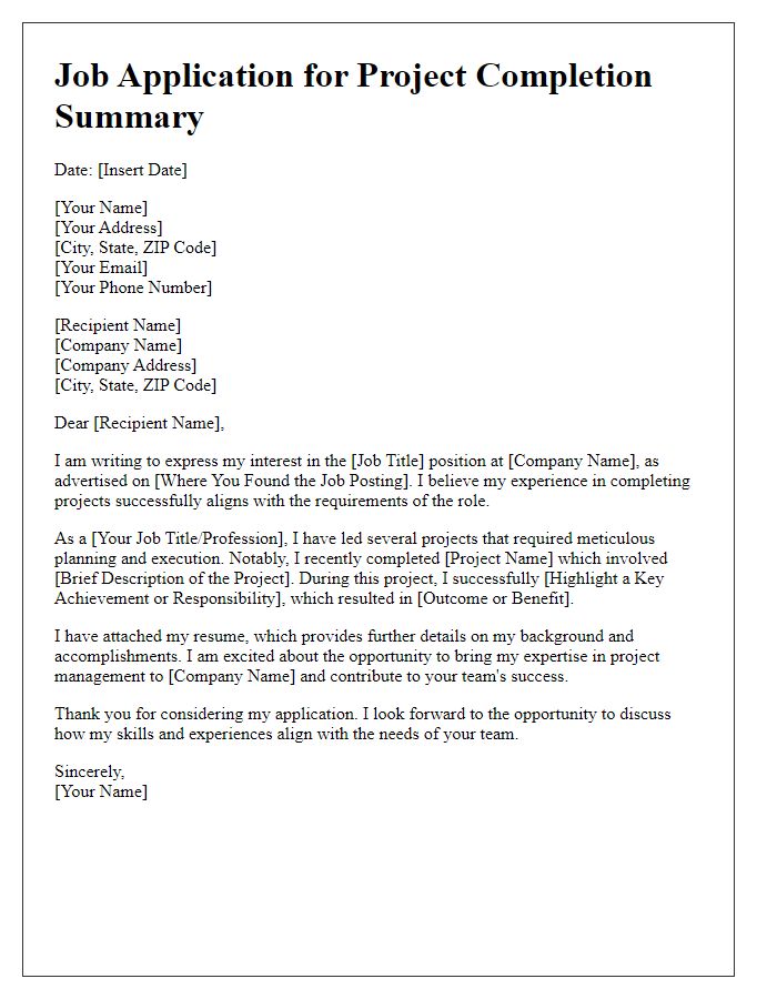 Letter template of job application for project completion summary.