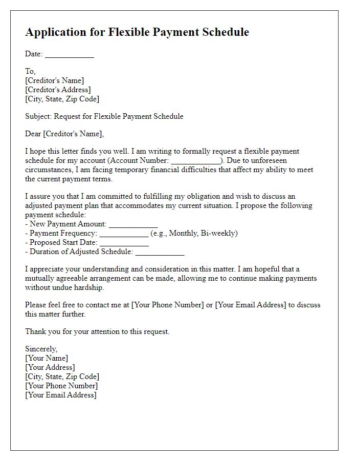 Letter template of application for creditor flexible payment schedule.