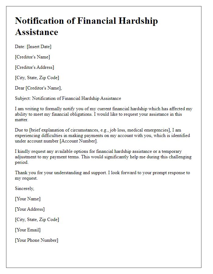 Letter template of notification for creditor financial hardship assistance.