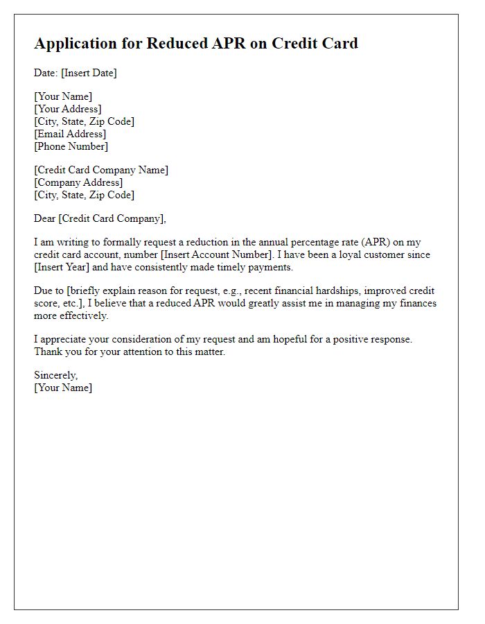 Letter template of application for reduced APR on credit card