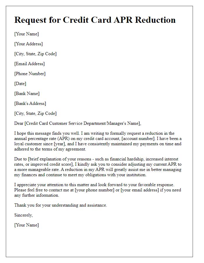 Letter template of formal request for credit card APR reduction