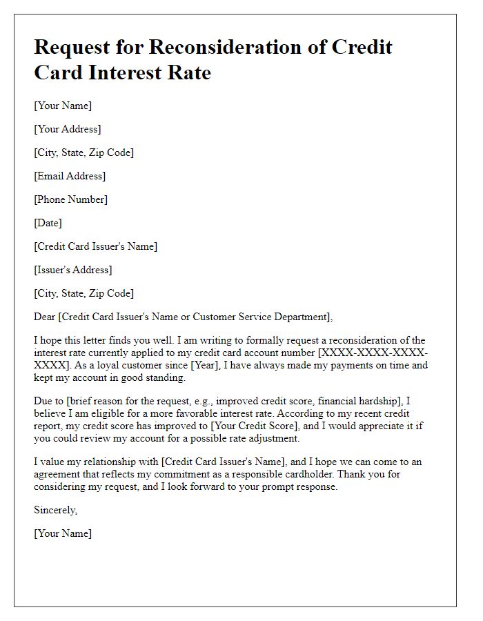 Letter template of request for reconsideration of credit card interest rate