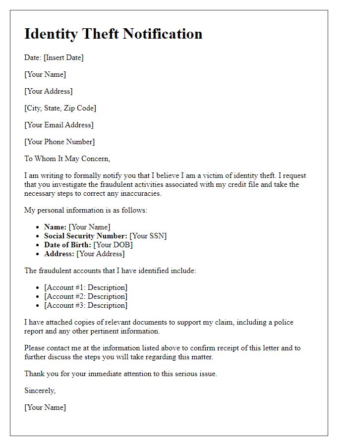 Letter template of communicating identity theft to credit bureaus