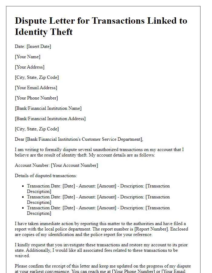 Letter template of disputing transactions linked to identity theft