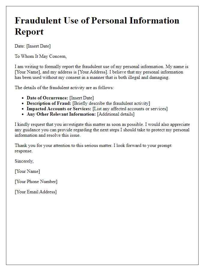 Letter template of reporting fraudulent use of personal information