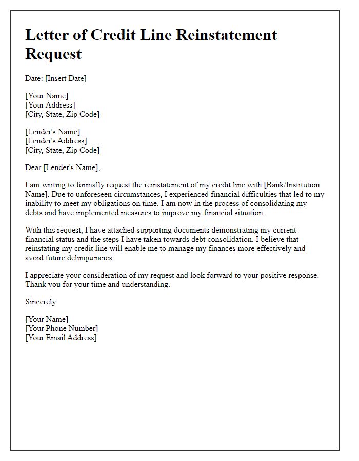 Letter template of credit line reinstatement request for debt consolidation