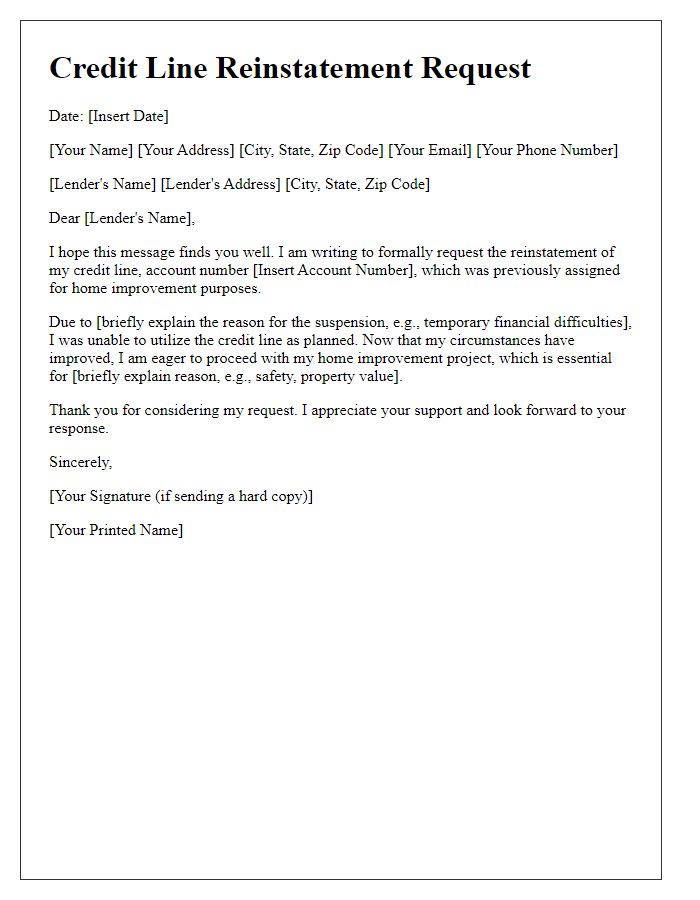 Letter template of credit line reinstatement request for home improvement