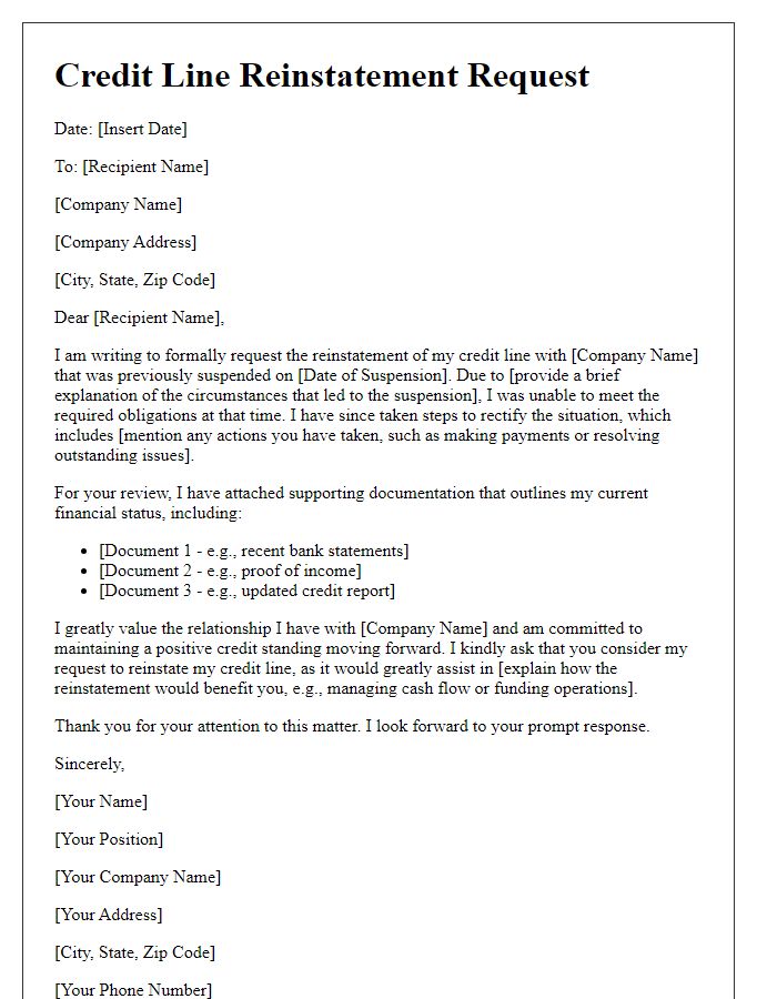 Letter template of credit line reinstatement request with supporting documentation