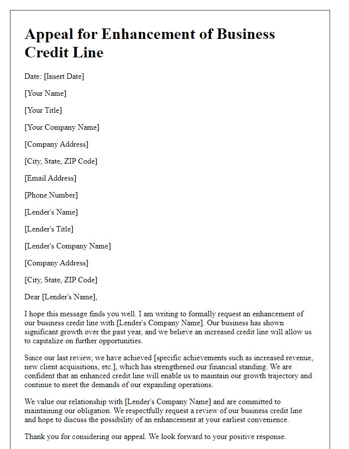 Letter template of appeal for enhancement of business credit line