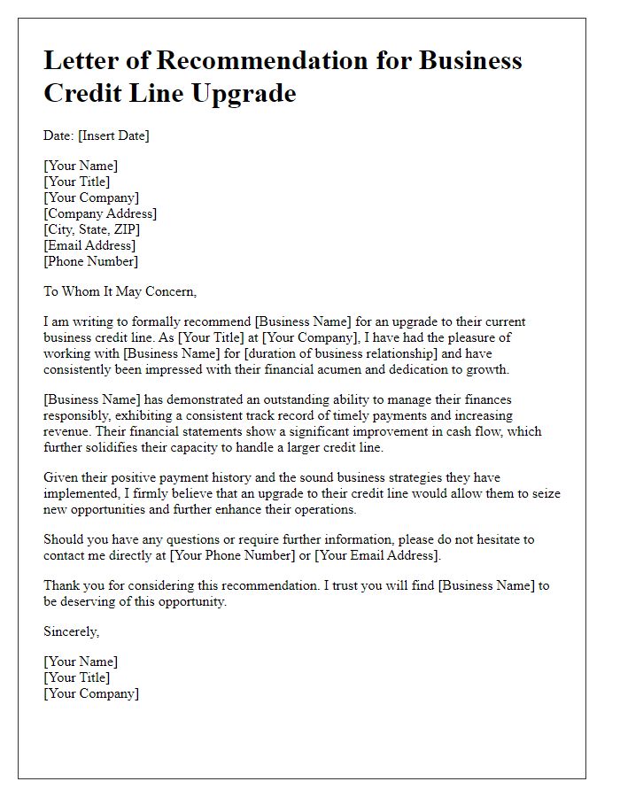 Letter template of recommendation for upgrading business credit line