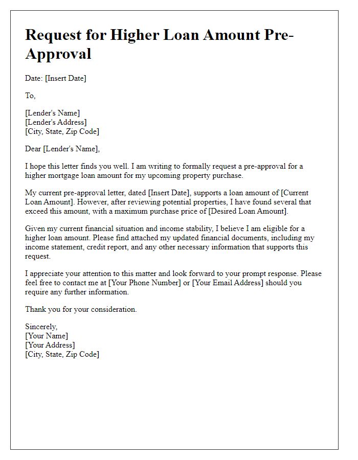 Letter template of mortgage pre-approval demand for higher loan amounts