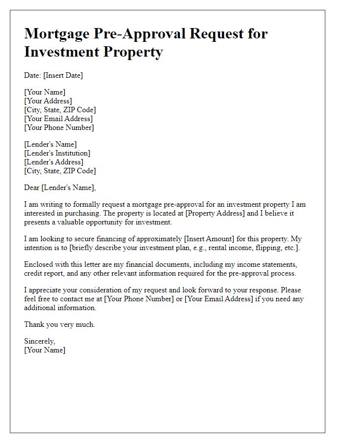 Letter template of mortgage pre-approval request for investment property