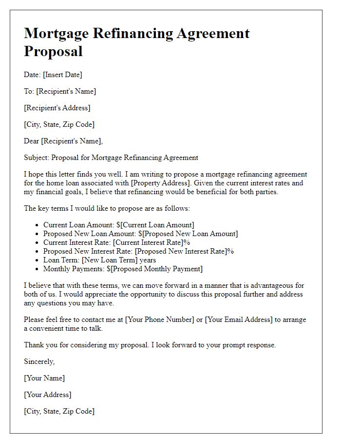 Letter template of mortgage refinancing agreement proposal