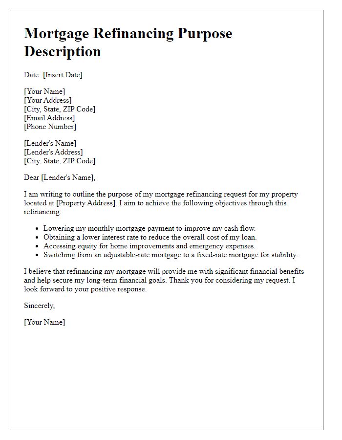 Letter template of mortgage refinancing purpose description