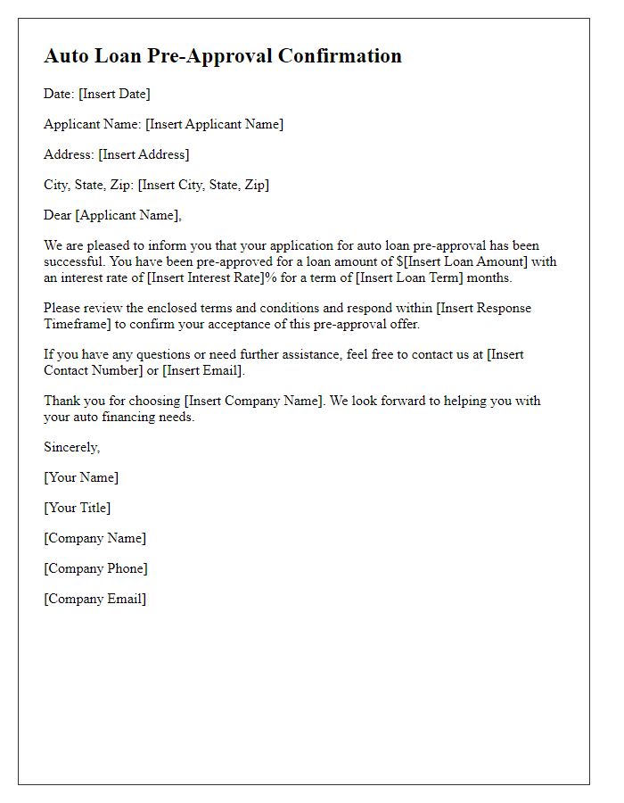 Letter template of auto loan pre-approval confirmation