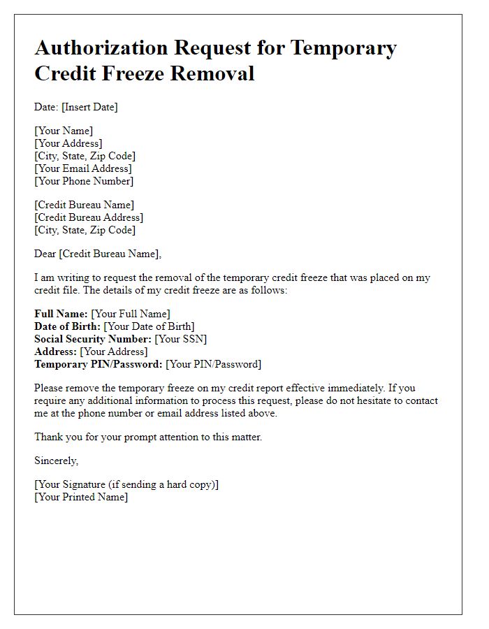 Letter template of authorization request for temporary credit freeze removal.