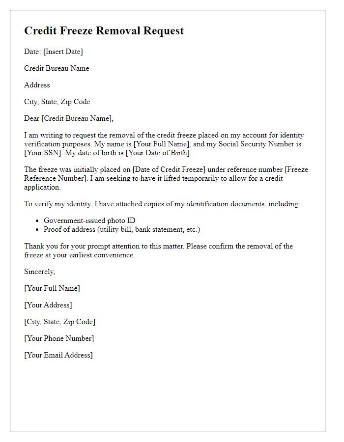 Letter template of credit freeze removal request for identity verification purposes.