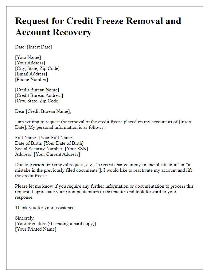 Letter template of customer request for credit freeze removal and account recovery.