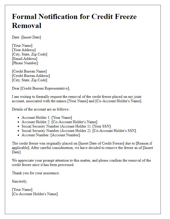 Letter template of formal notification for credit freeze removal on joint accounts.