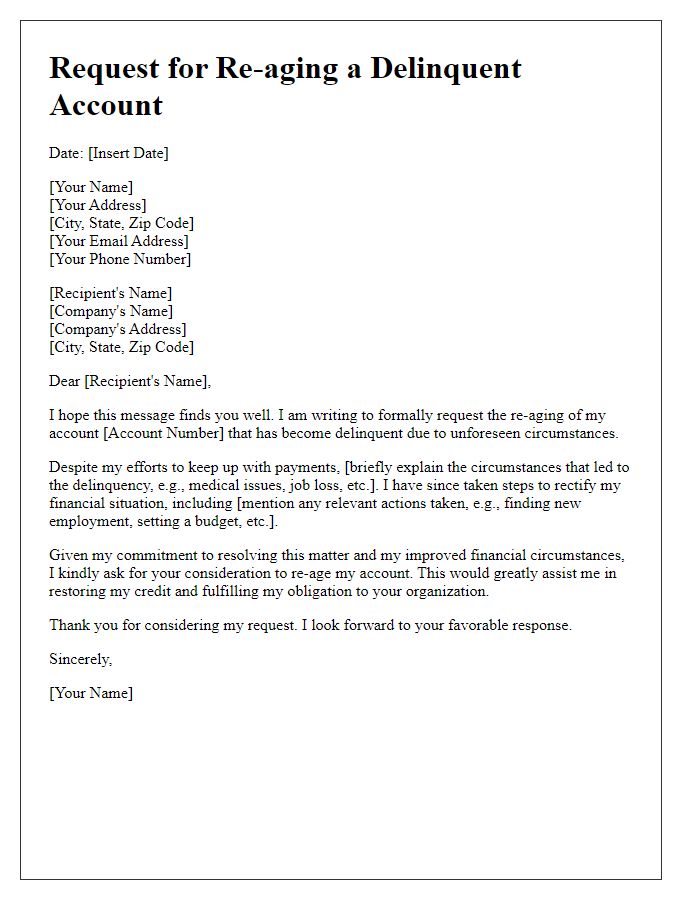 Letter template of explanation for re-aging a delinquent account