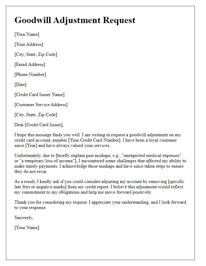 Letter template of goodwill adjustment to credit card issuer for past mishaps.