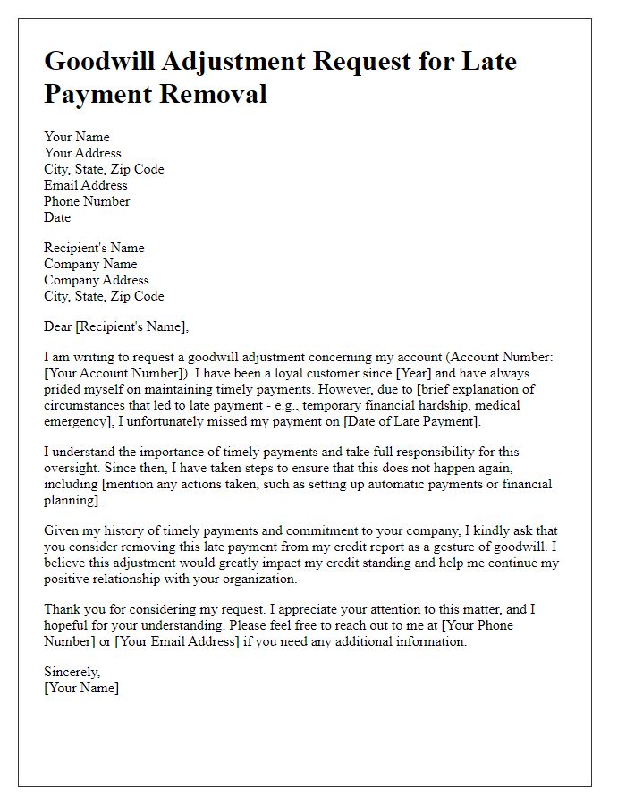 Letter template of goodwill adjustment request for late payment removal.