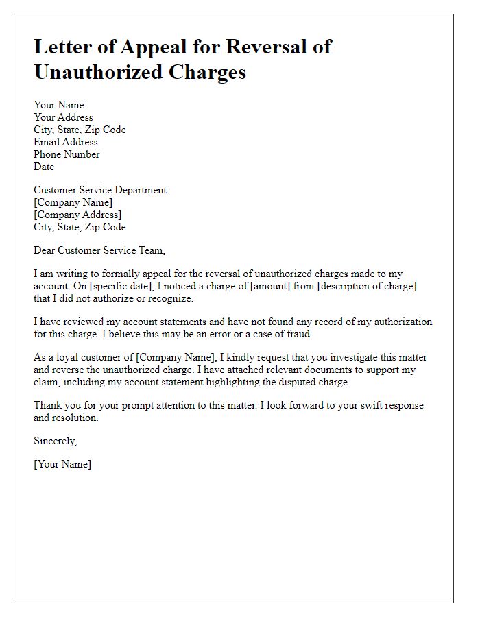 Letter template of appeal for reversal of unauthorized charges