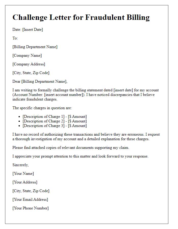 Letter template of challenge for fraudulent billing