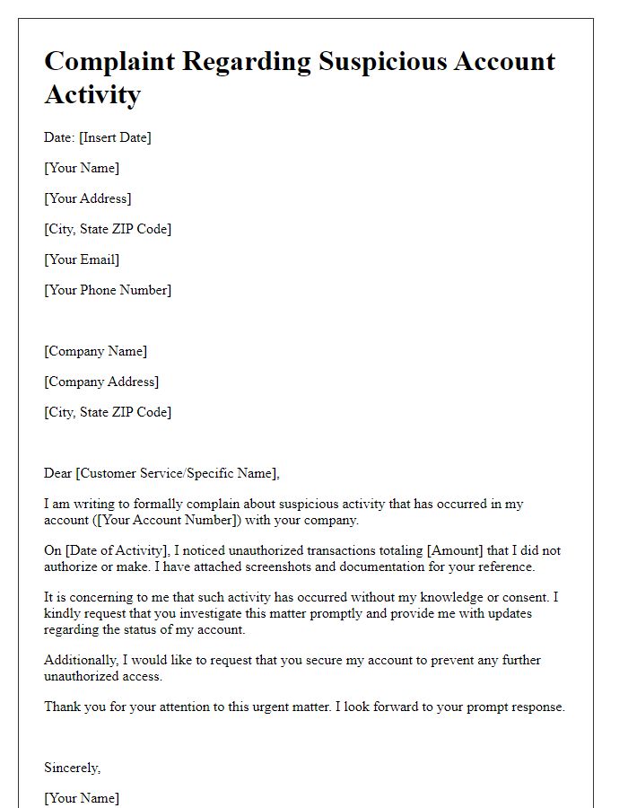 Letter template of complaint regarding suspicious account activity