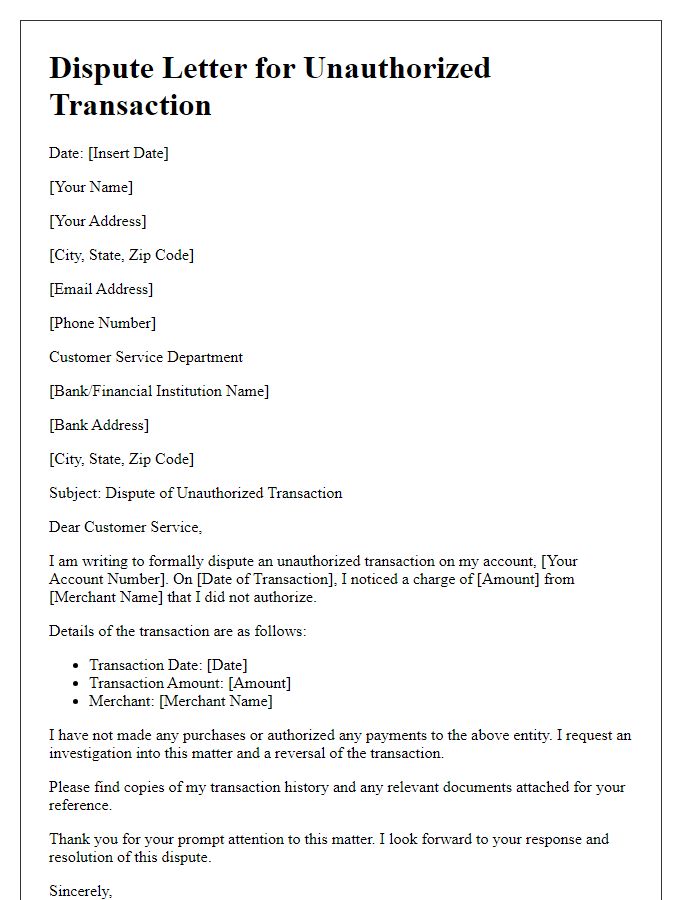 Letter template of dispute for unauthorized transaction charges