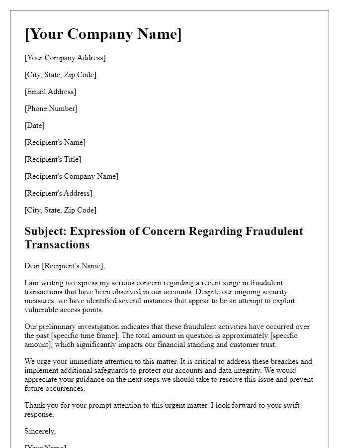 Letter template of expression of concern over fraudulent transactions