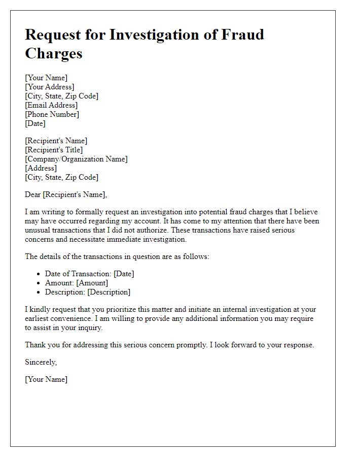 Letter template of request for investigation of fraud charges