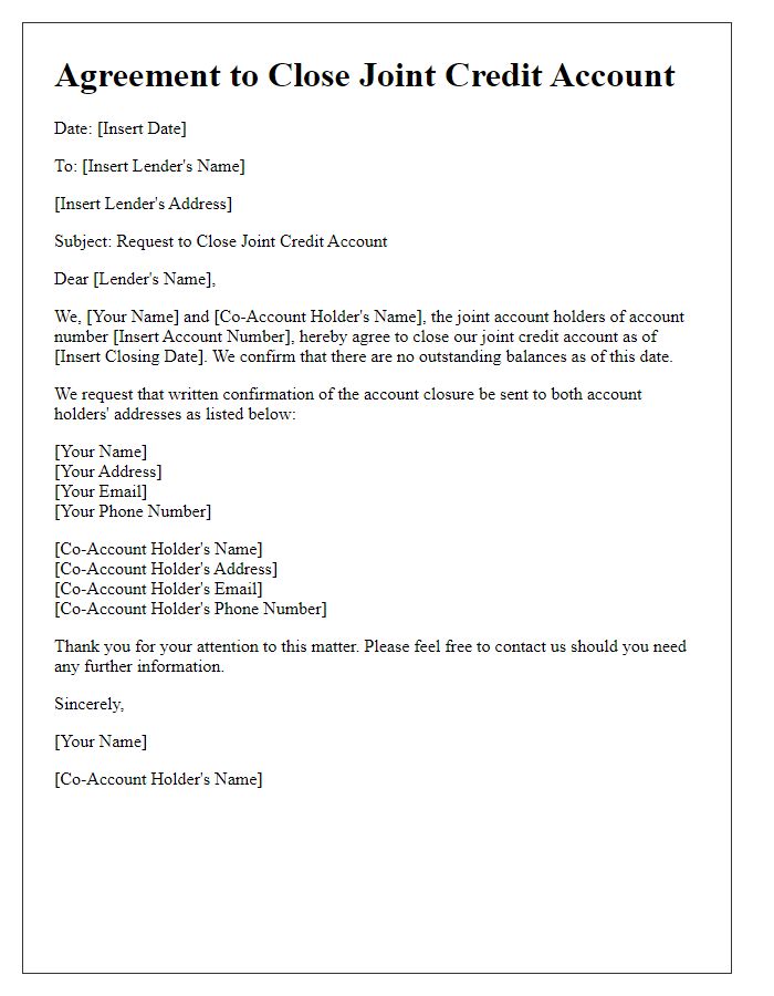 Letter template of agreement to close joint credit account