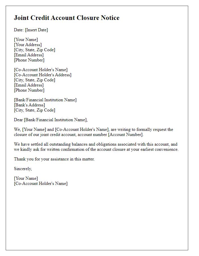 Letter template of formal joint credit account closure notice