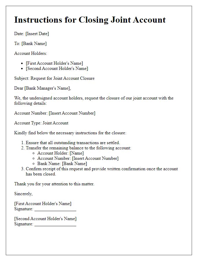 Letter template of instructions for joint account closure