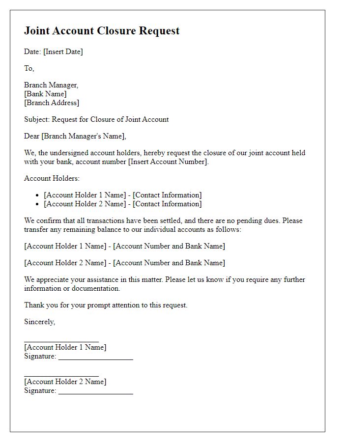 Letter template of joint account closure for financial institutions