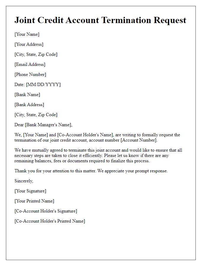 Letter template of joint credit account termination request