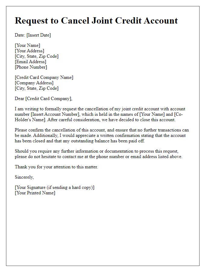 Letter template of request to cancel joint credit account