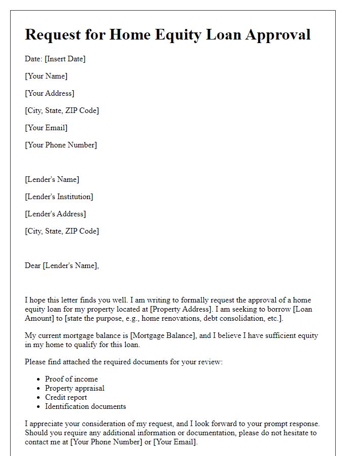 Letter template of request for home equity loan approval