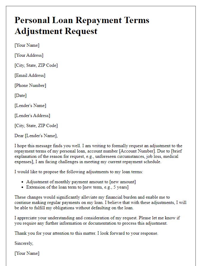 Letter template of personal loan repayment terms adjustment